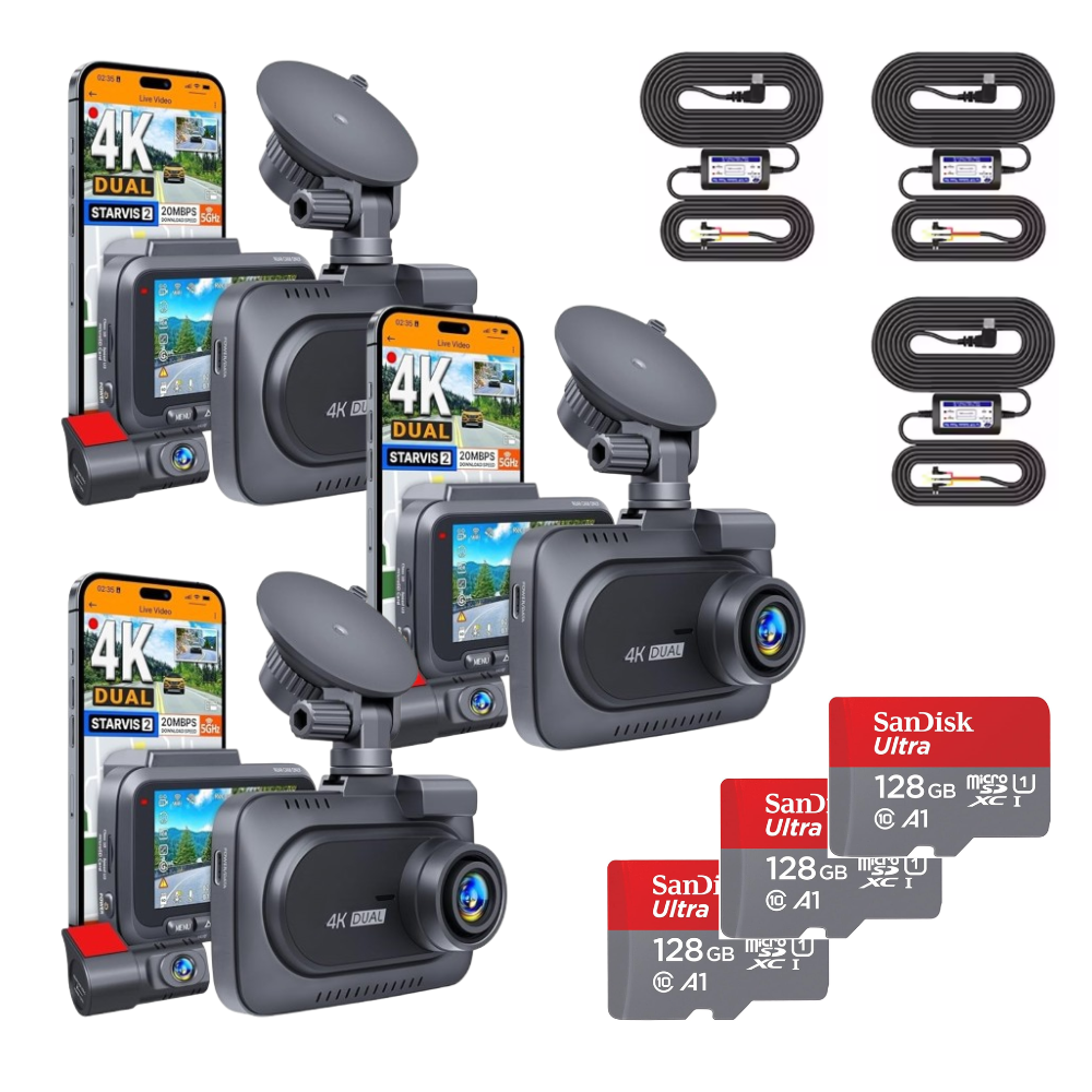 PACK R7 DUO PRO 4K ULTRA HD - 3 Dashcam Avant / Arrière - Carte SD - Kit filaire